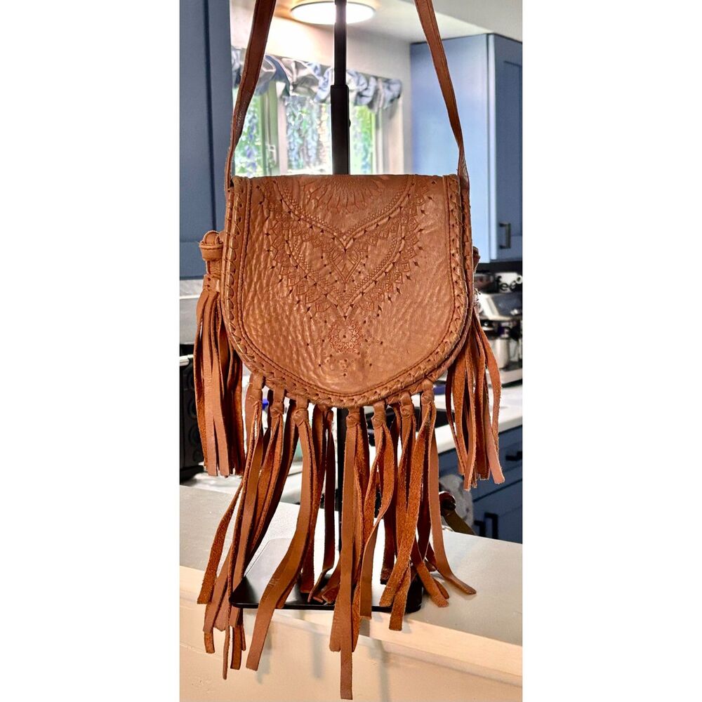 Vintage Cleobella Hand-Tooled Leather Fringe Saddle Crossbody Bag